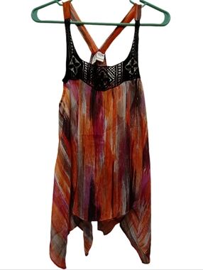 Full Tilt Multicolor Striped Tank with Black Crochet Yoke